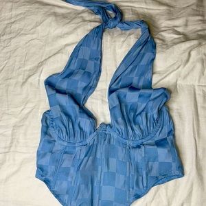 Misguided petite satin checkerboard halter corset blue